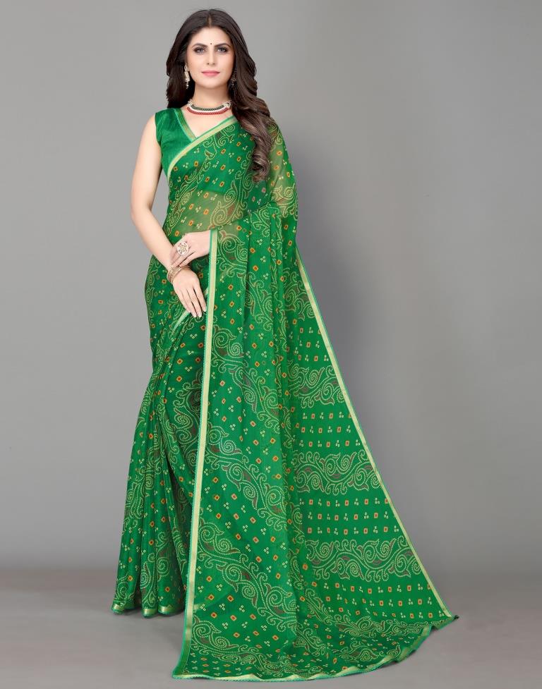 Bandhani Print Border Work Green Color Saree – Amrutamfab