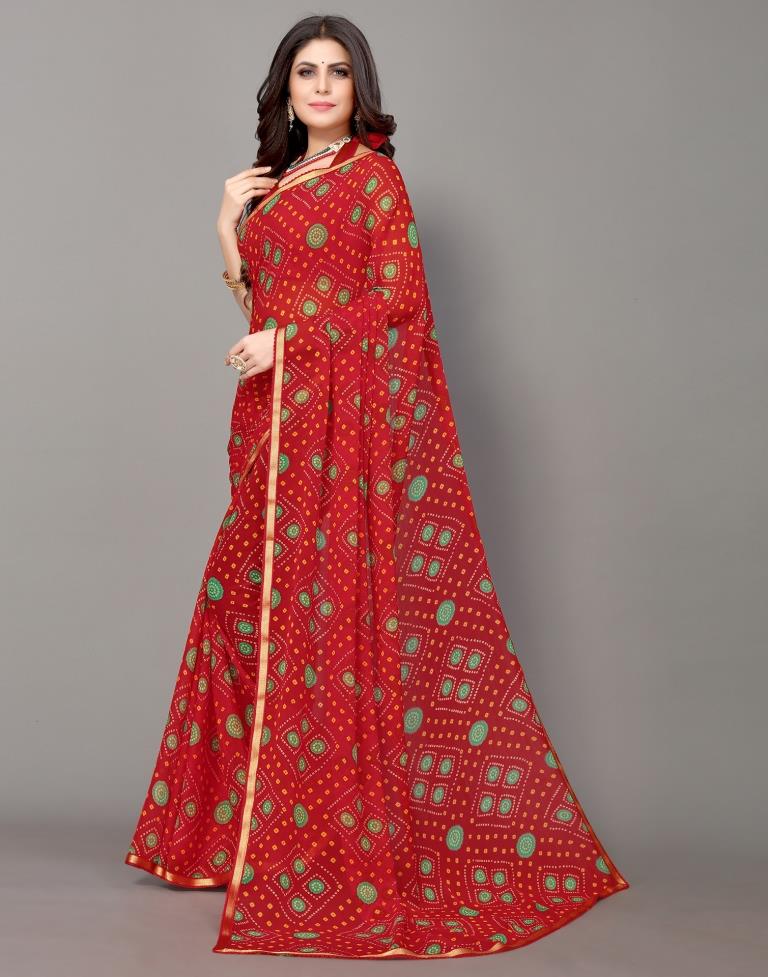 Red Bandhani Printed Saree | Leemboodi