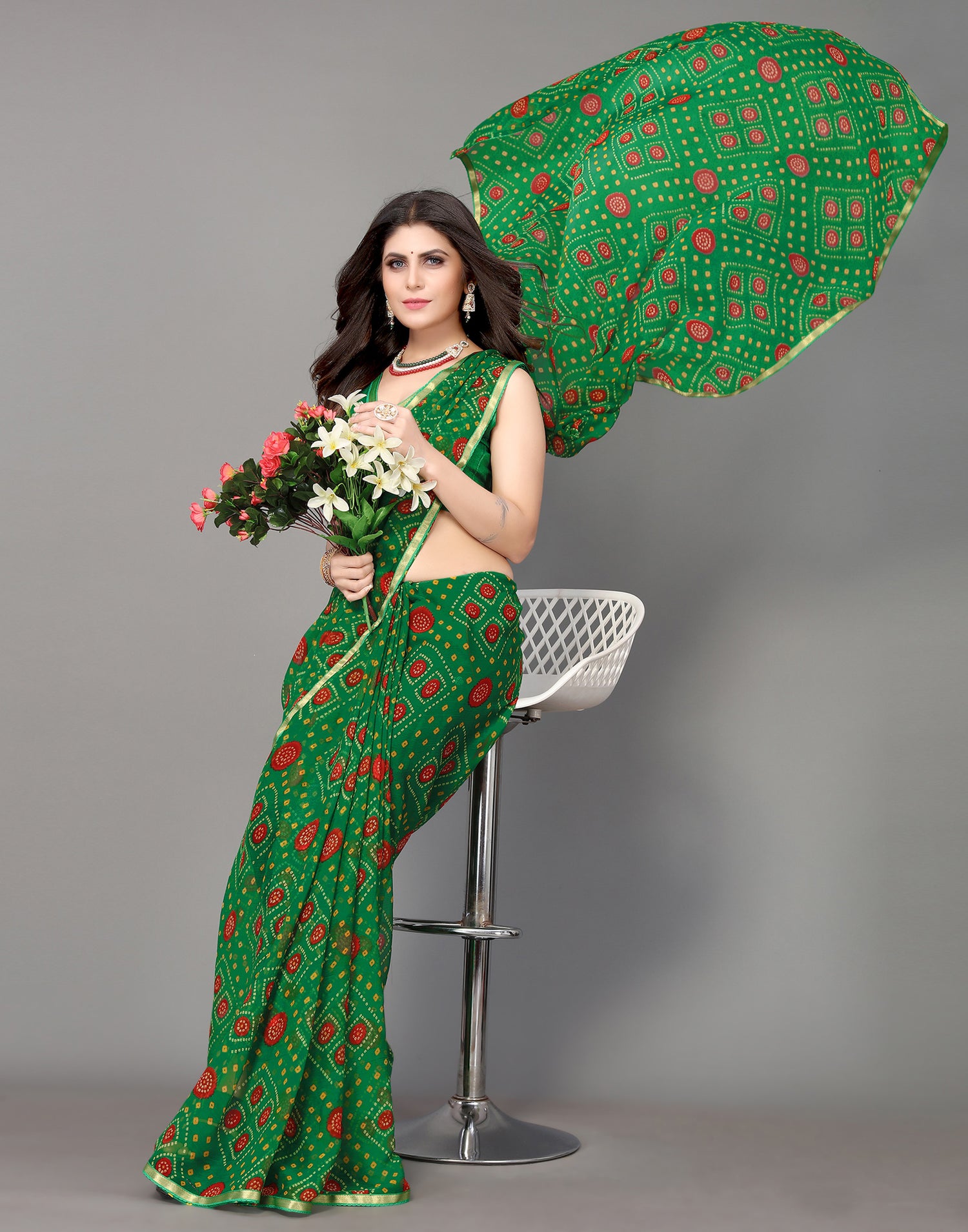 Green Bandhani Printed Saree | Leemboodi