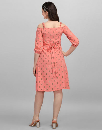 Coral Pink Coloured Crepe Printed Dress | Leemboodi