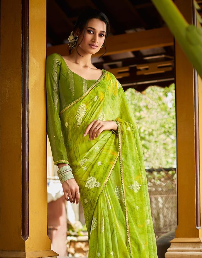 Pure Banarasi Handloom Khaddi Chiffon Parrot Green Color Suit -  BanarasiSaree.com