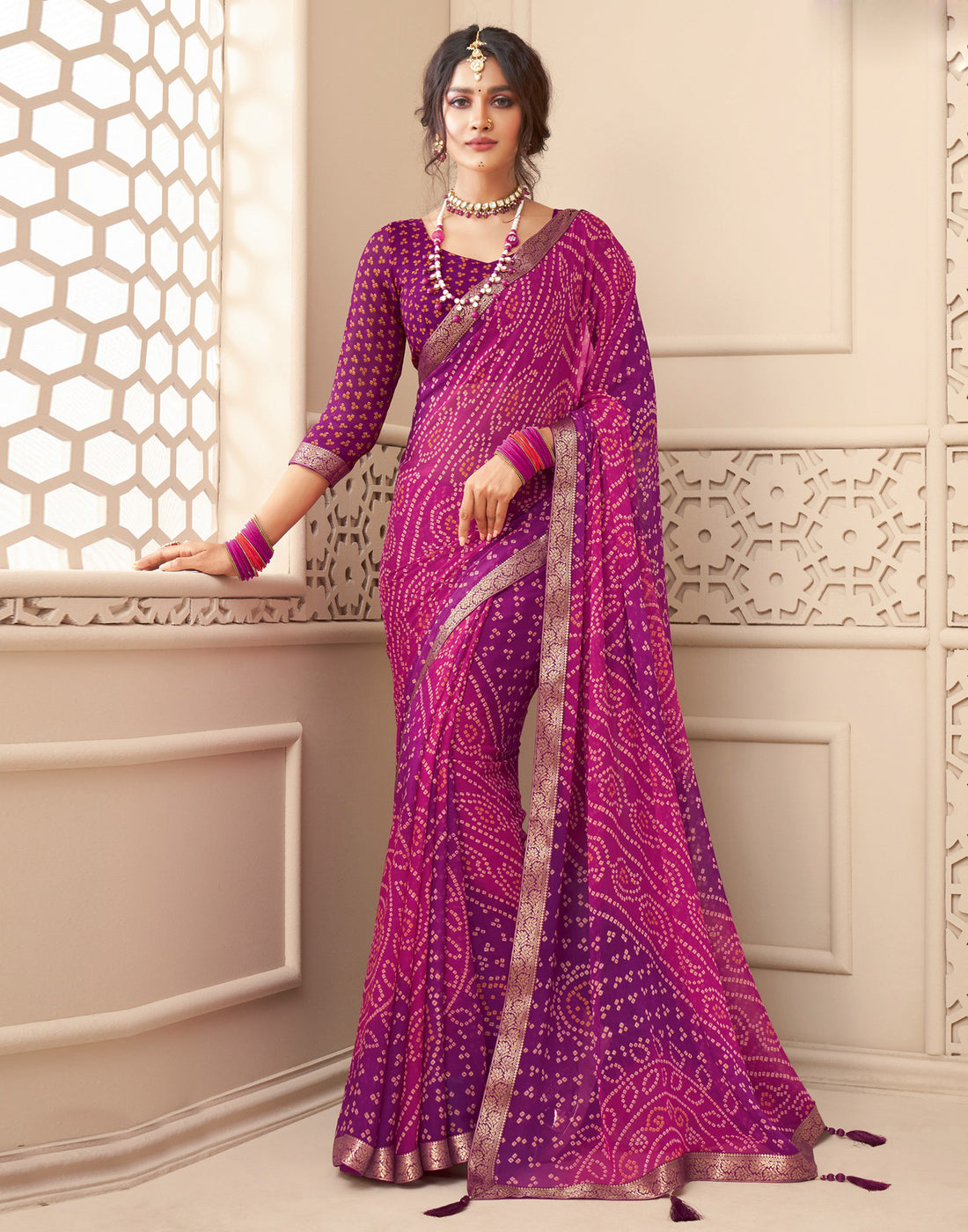 Pink And Purple Bandhani Saree | Leemboodi