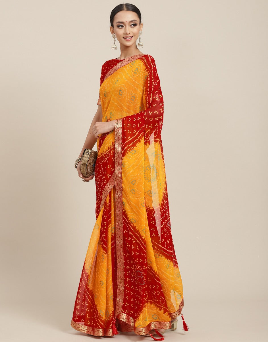 Yellow And Red Bandhani Saree | Leemboodi