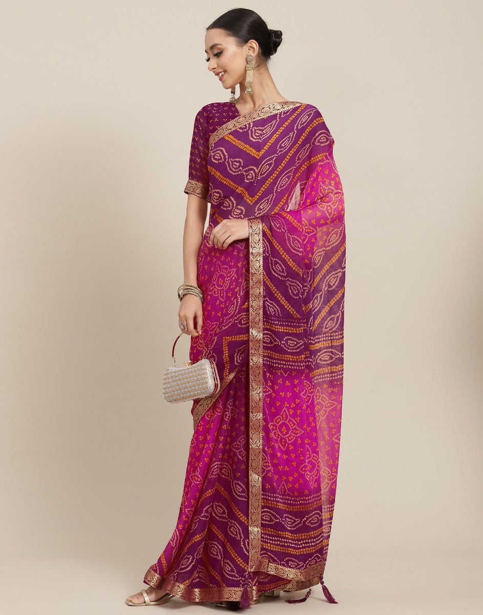 Medha Bandhani Print Saree With Blouse | Purple, Bandhani, Silk Crepe, V  Neck, Half | Purple saree, Aza fashion, Fashion