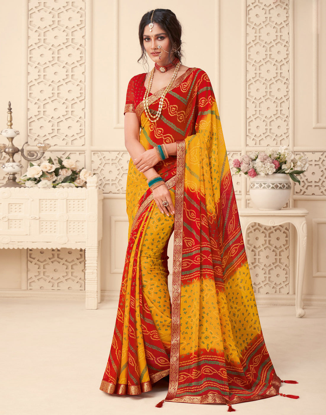 Yellow And Red Bandhani Saree | Leemboodi