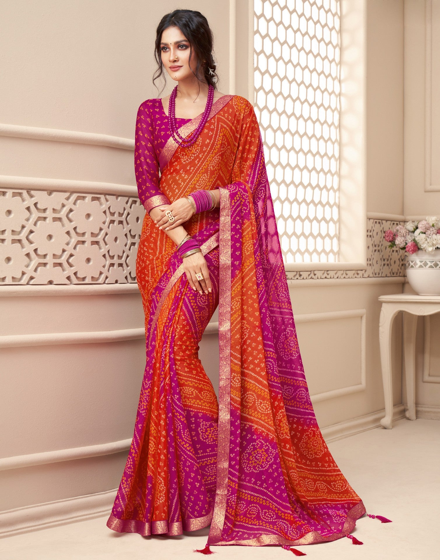 Cherry Red Bandhani Saree with Embroidery Border | Leemboodi