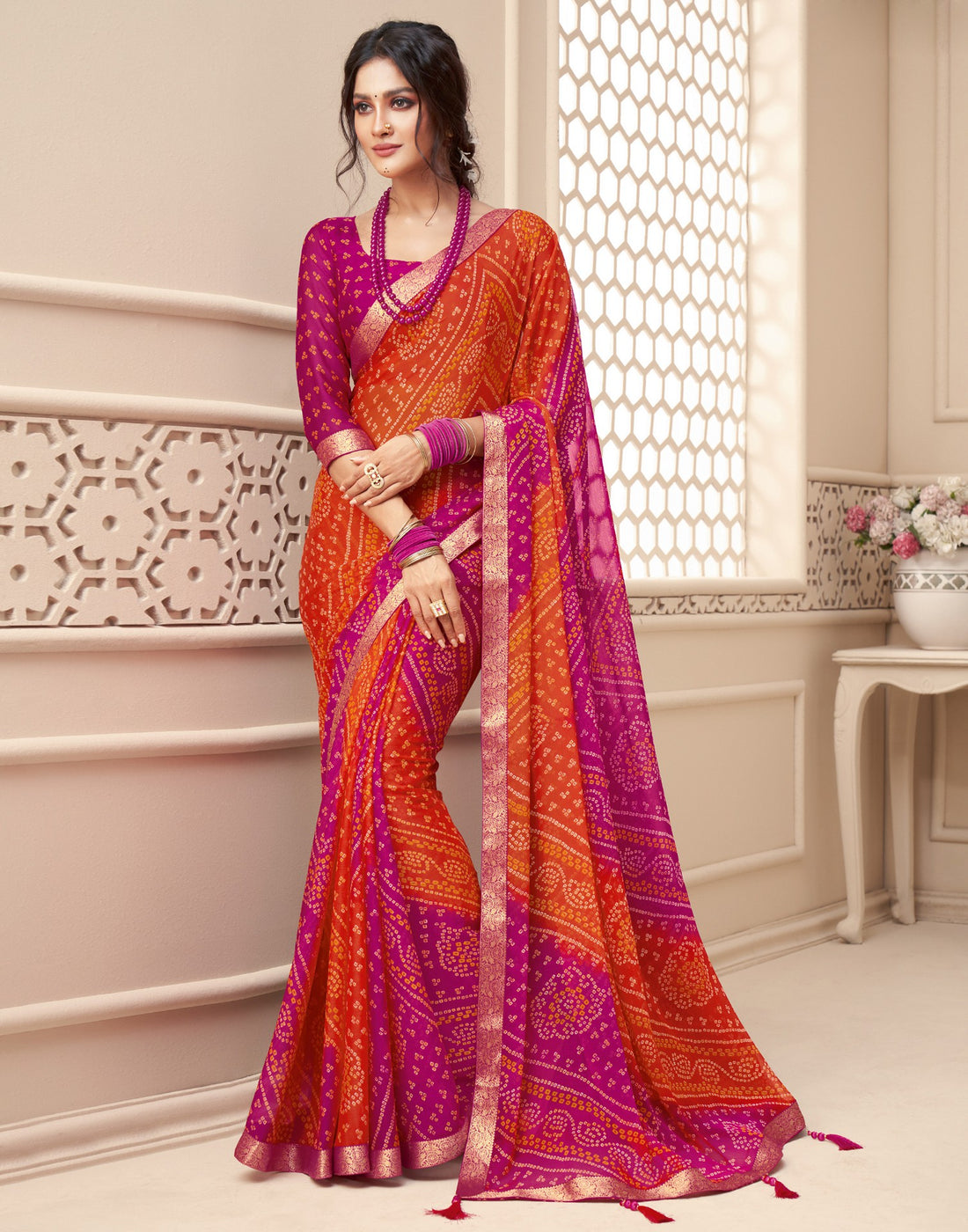 Pink And Orange Bandhani Saree | Leemboodi