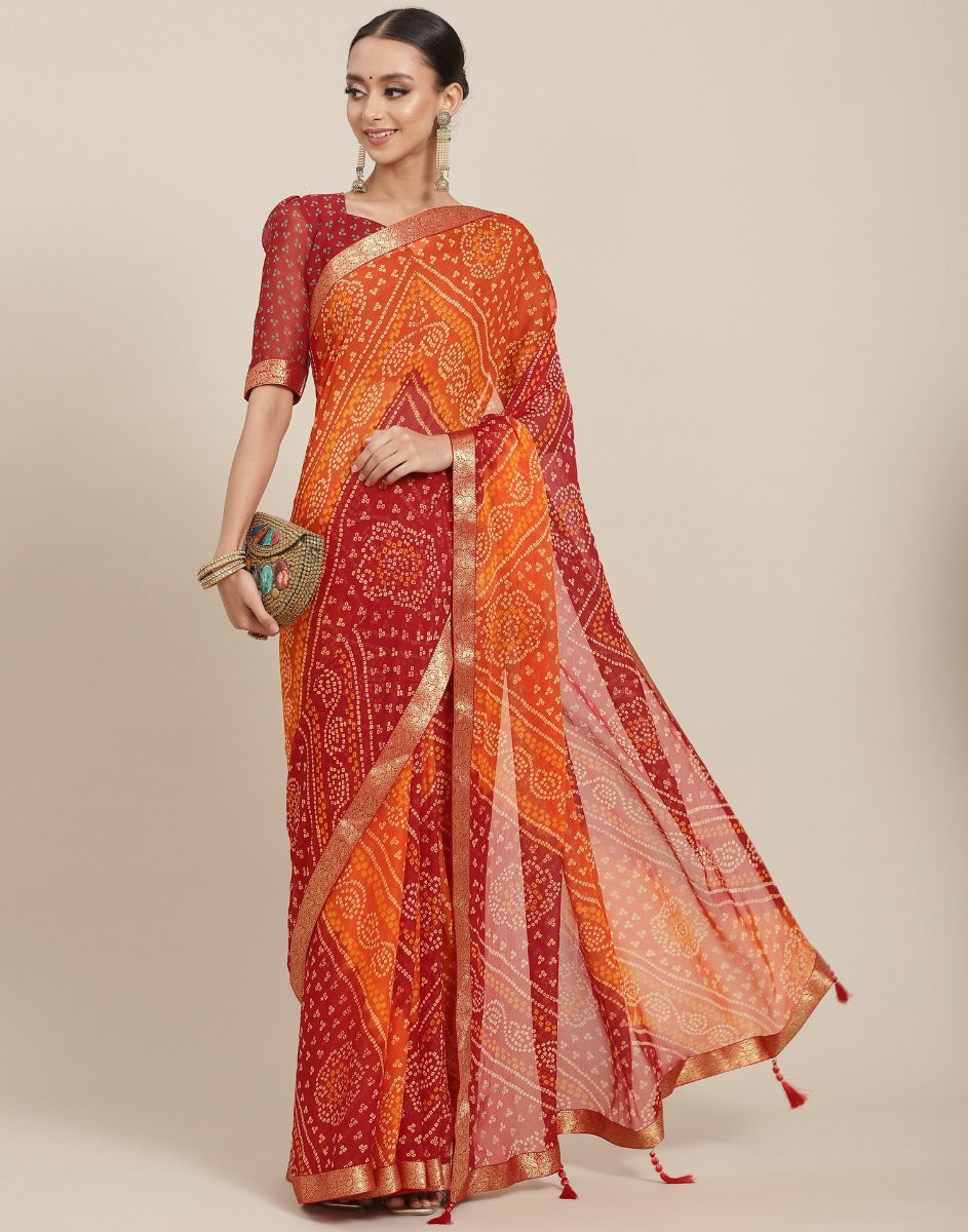 Orange And Red Bandhani Saree | Leemboodi