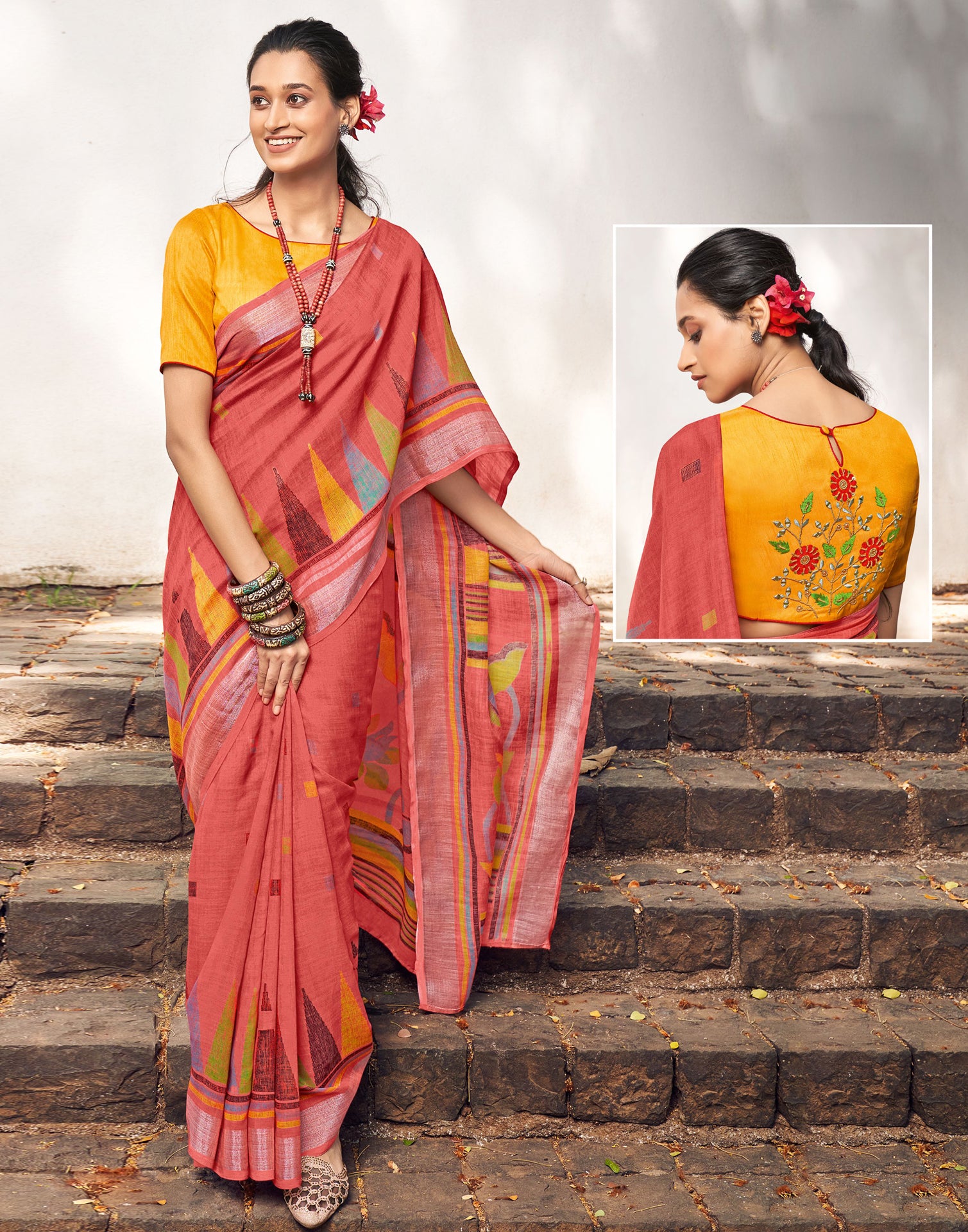 Vishal Prints Coral Pink Georgette Saree With Embroidery Work And Bord