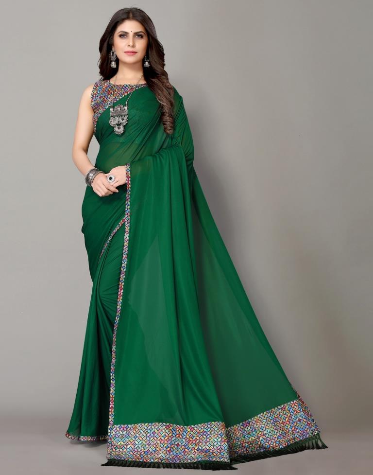 Light Green Premium Georgette Plain Border Housekeeping Uniform Sarees