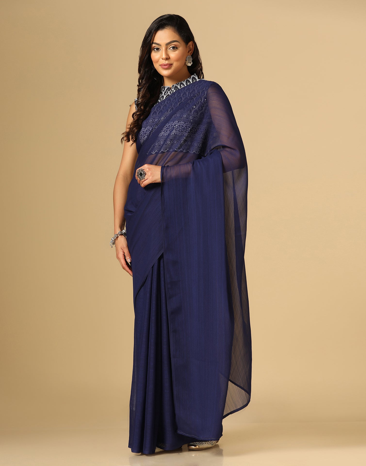 Navy Blue Color Georgette Saree With Embroidery Work, Plain Georgette Sarees,  Half Georgette Saree, Wholesale Georgette Sarees, जोर्जेट साड़ी - Bhakti  Silk Mills, Surat | ID: 2851721063773