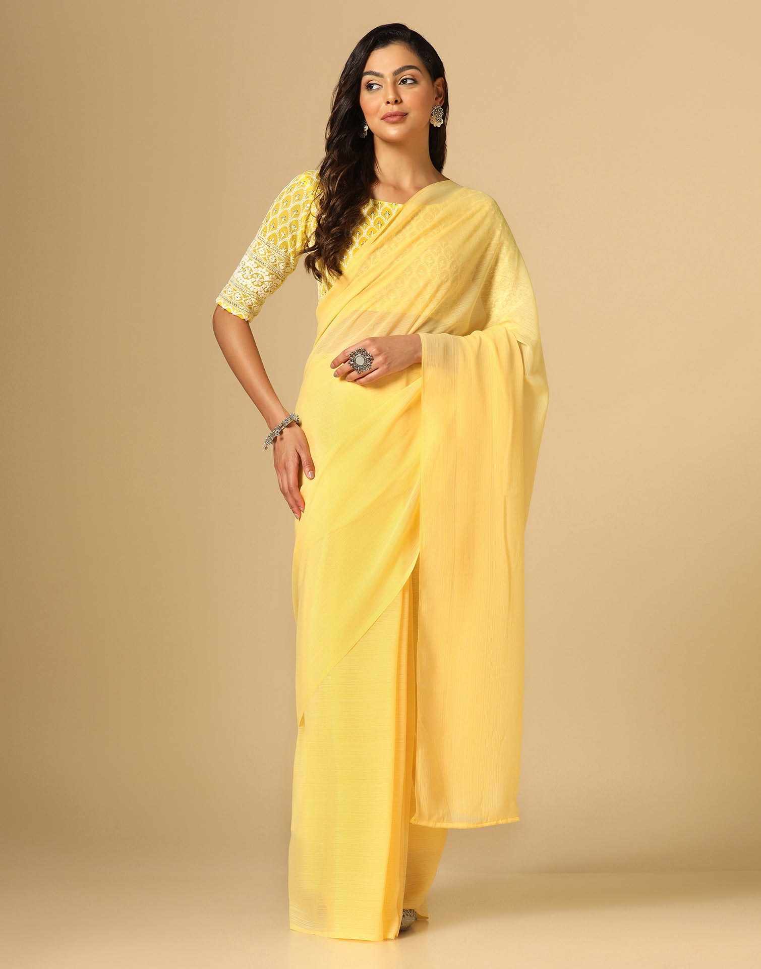 Yellow plain chiffon saree with blouse - SERONA FABRICS - 3875831
