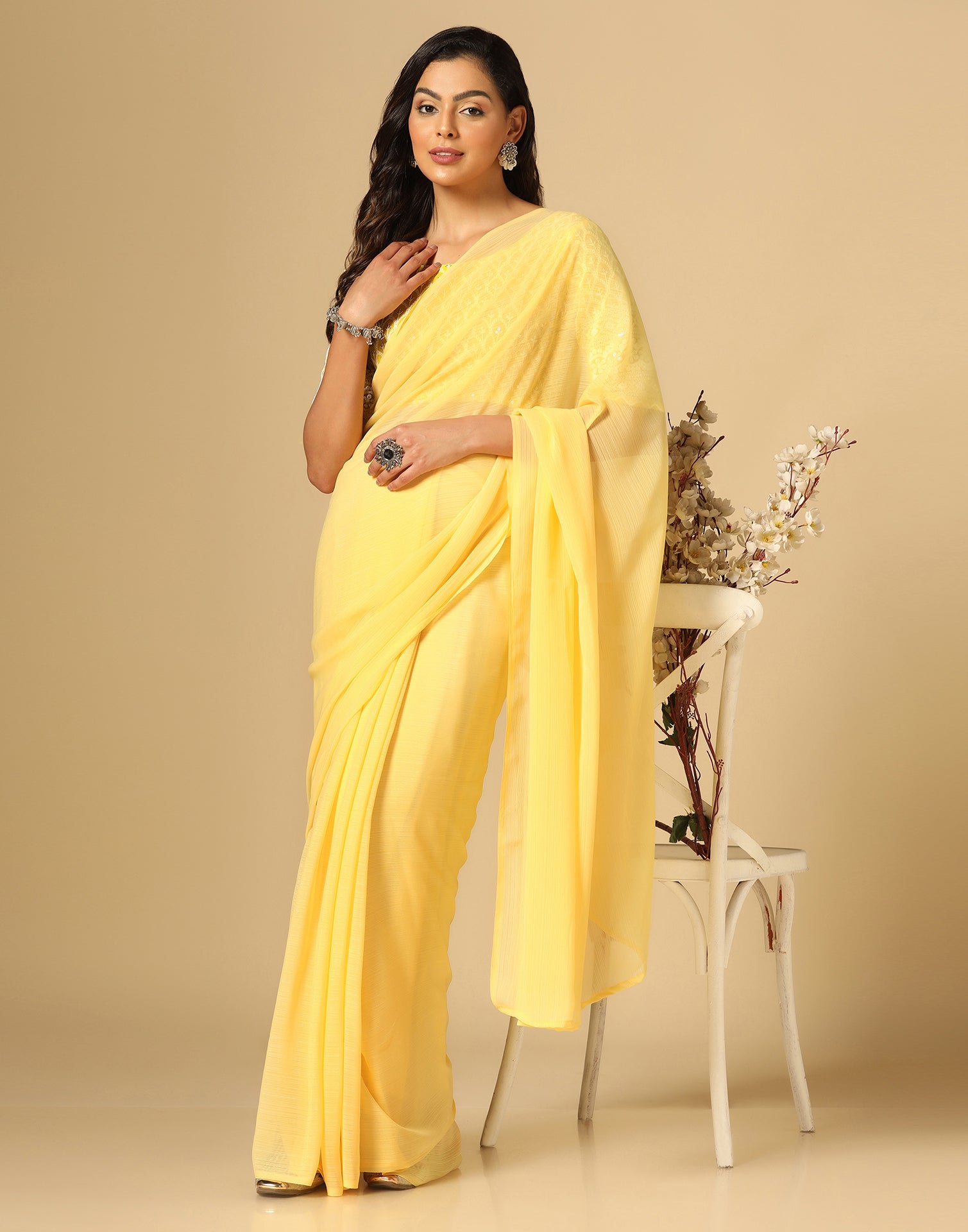 Banarasee Cotton Silk Floral Silver Zari Work Saree-Yellow