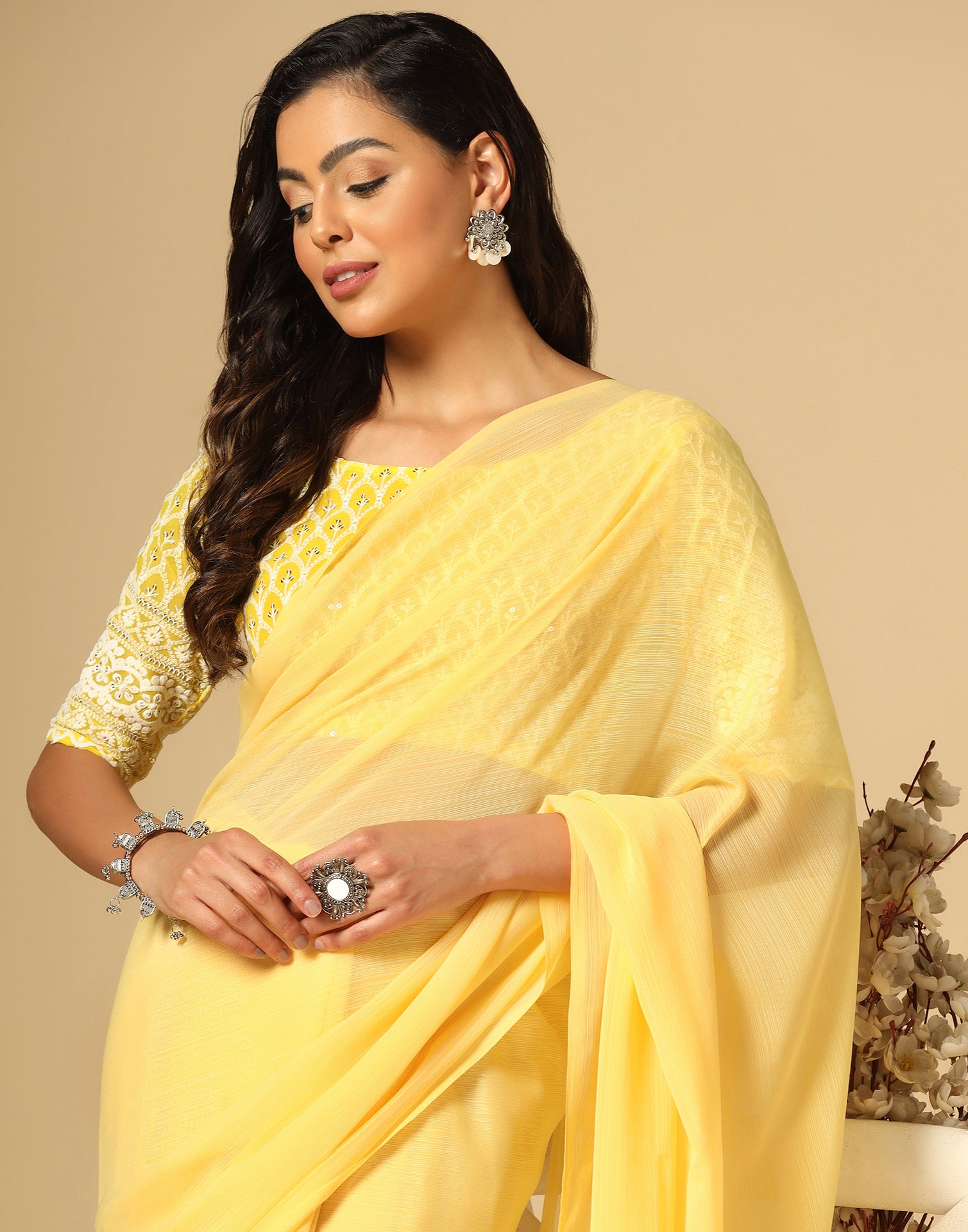 Lemon Yellow Embroidered Saree In Art Silk