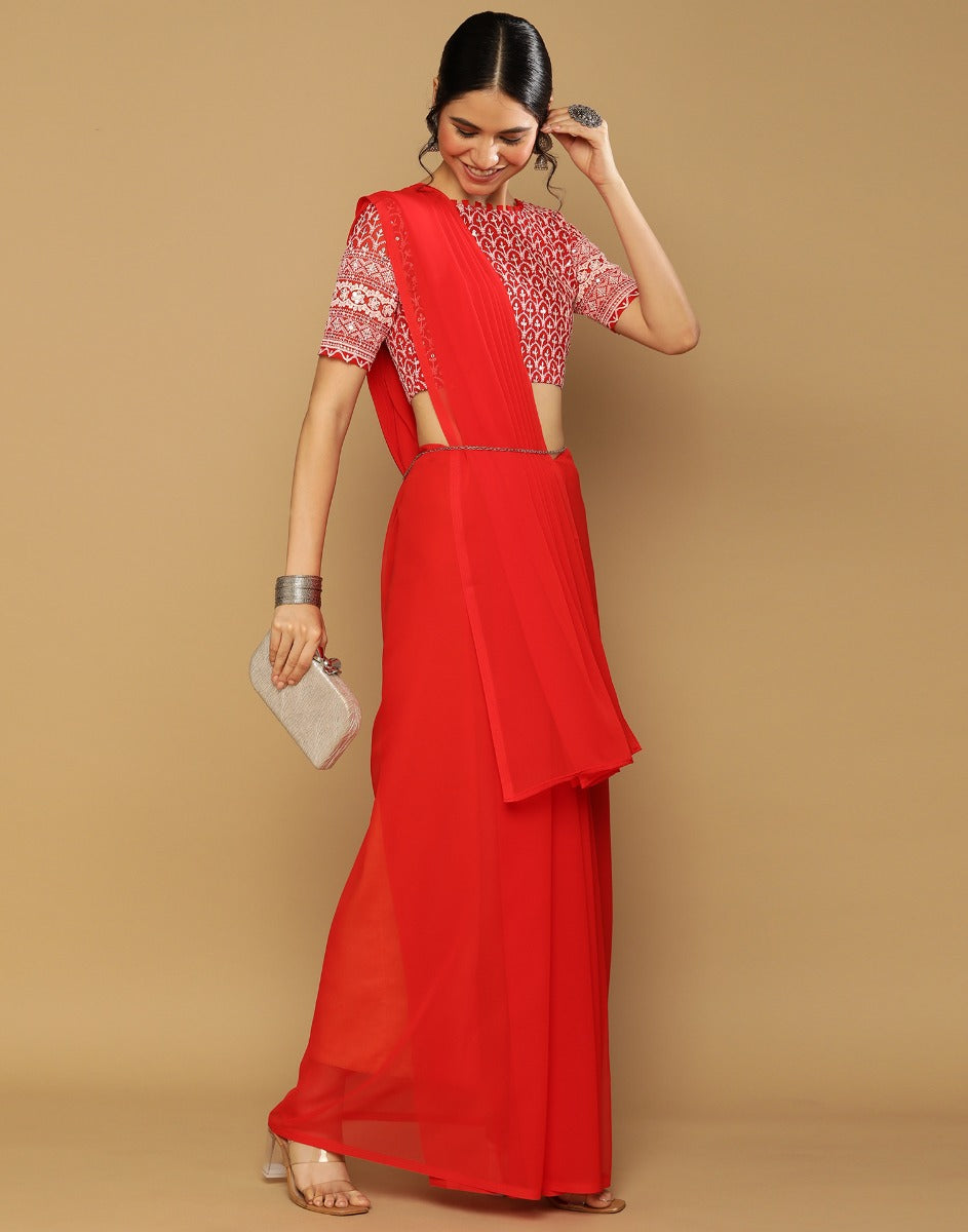 Red Georgette Plain Saree | Leemboodi