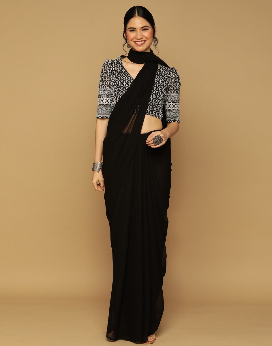 Black Georgette Plain Saree | Leemboodi