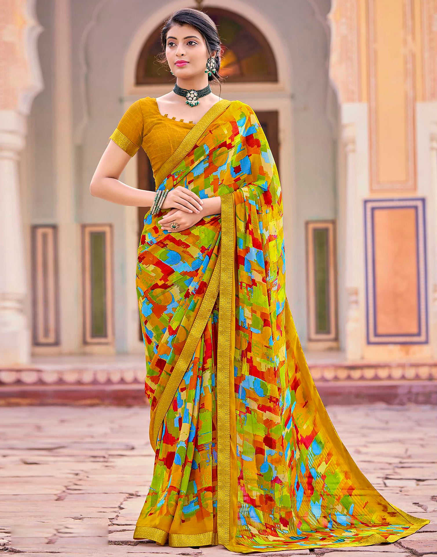 Mustard Yellow And Multicolour Geometric Printed Saree | Leemboodi