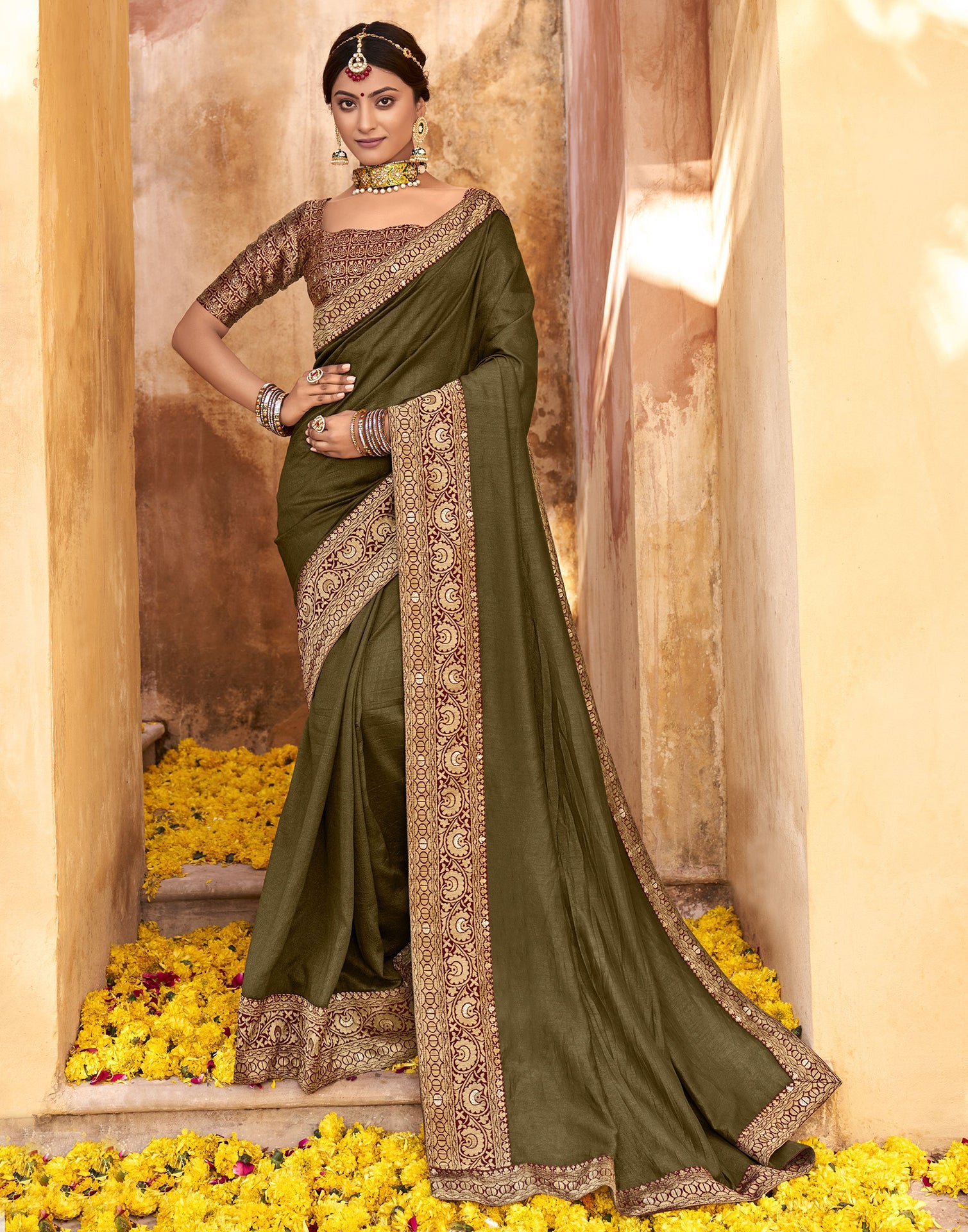 Buy Mehndi Green Dola Silk Printed Work Saree Festive Wear Online at Best  Price | Cbazaar