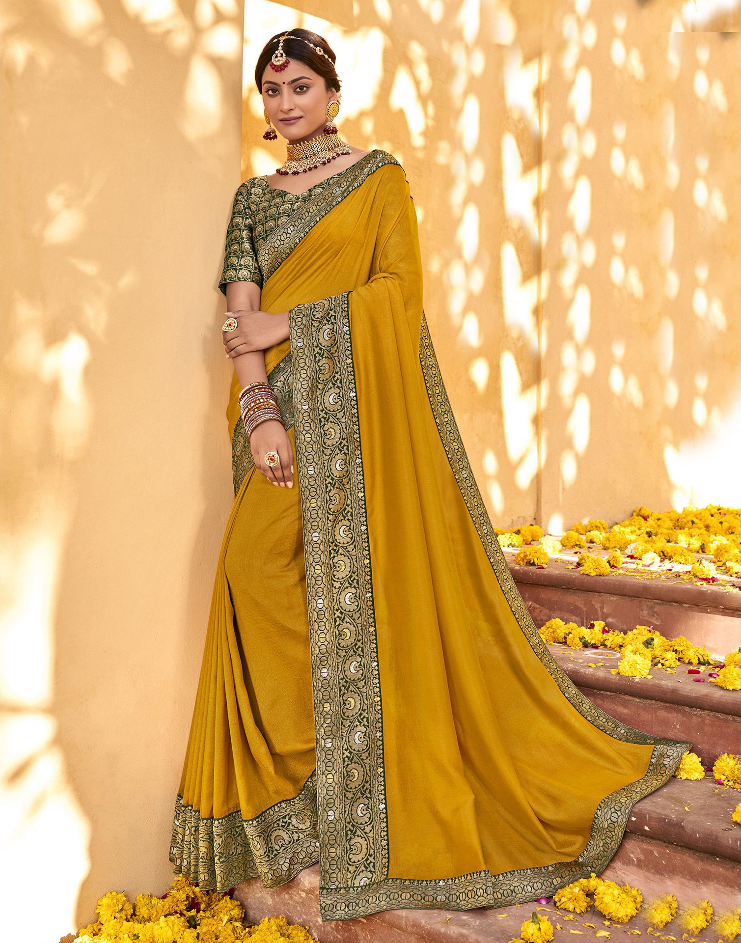 Peacock Chakram Motifs Mustard Yellow Kanchipuram Silk Saree – Sundari Silks