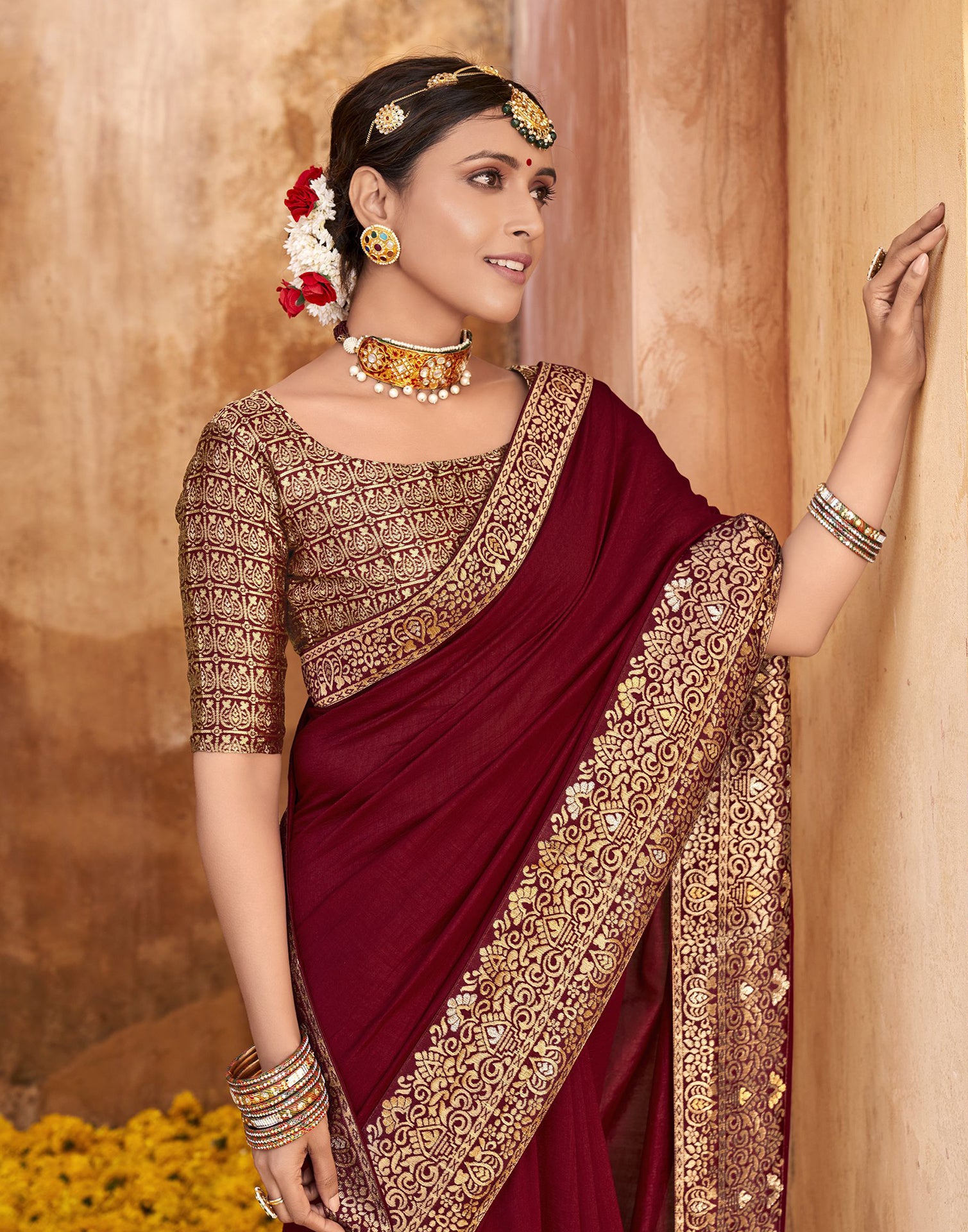 Buy Maroon Satin Silk Plain Saree Party Wear Online at Best Price | Cbazaar