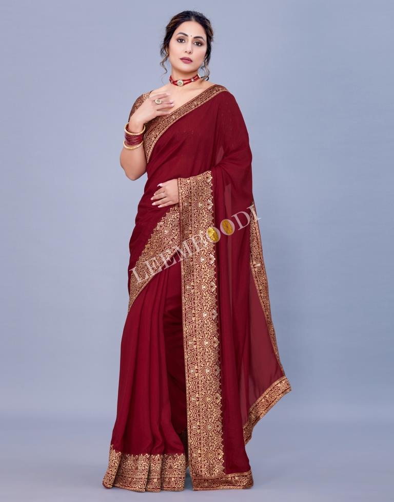 Superior Maroon Satin Silk Plain Party Wear Saree With Blouse-Un-Stitched |  Party wear sarees, Full sleeves blouse designs, Long blouse saree