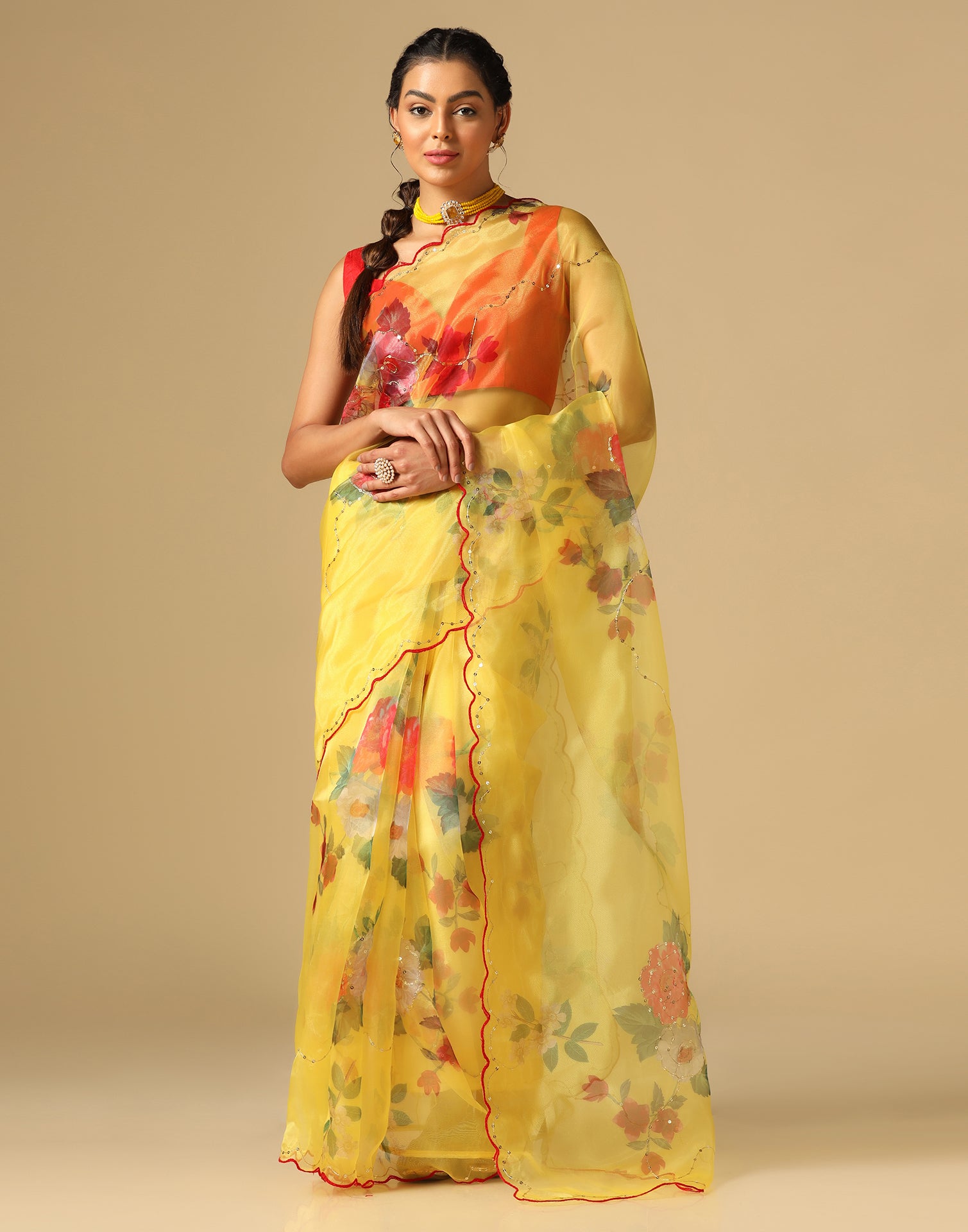 yellow Organza saree with blouse piece - Vairagee - 3699050