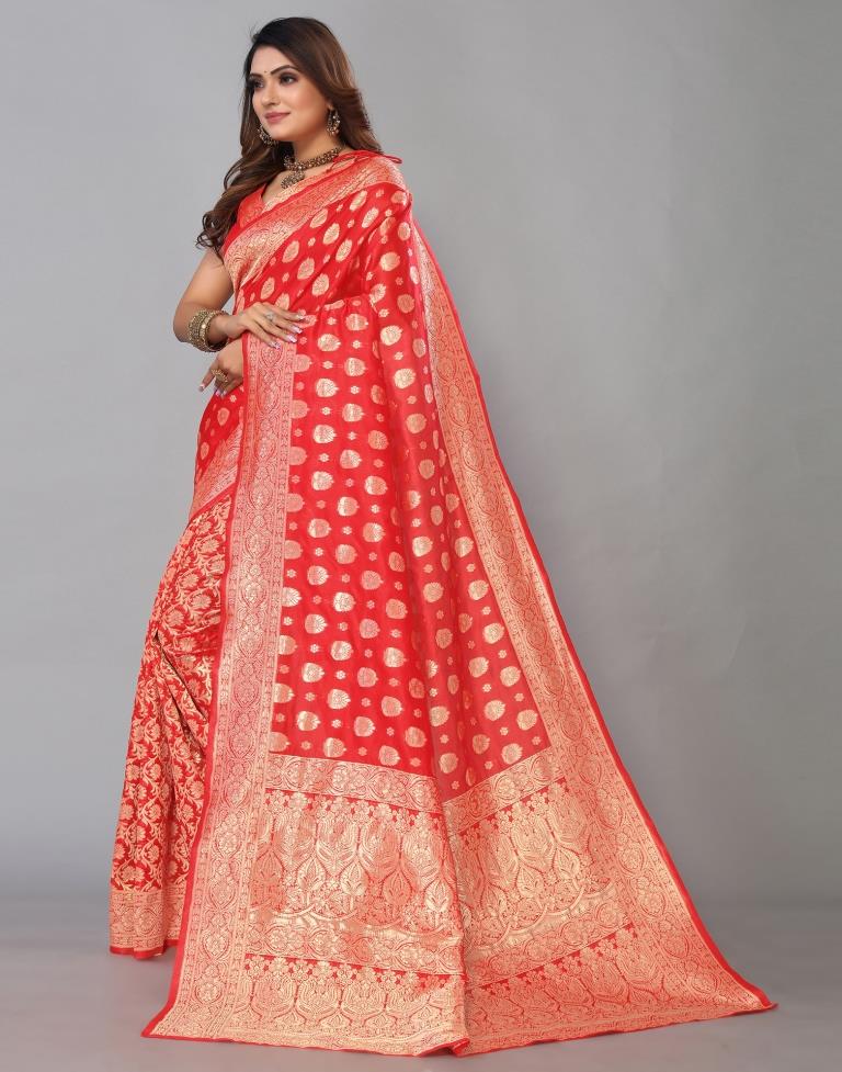 Beautiful Red Woven Banarasi Brocade Silk Saree – Zari Banaras