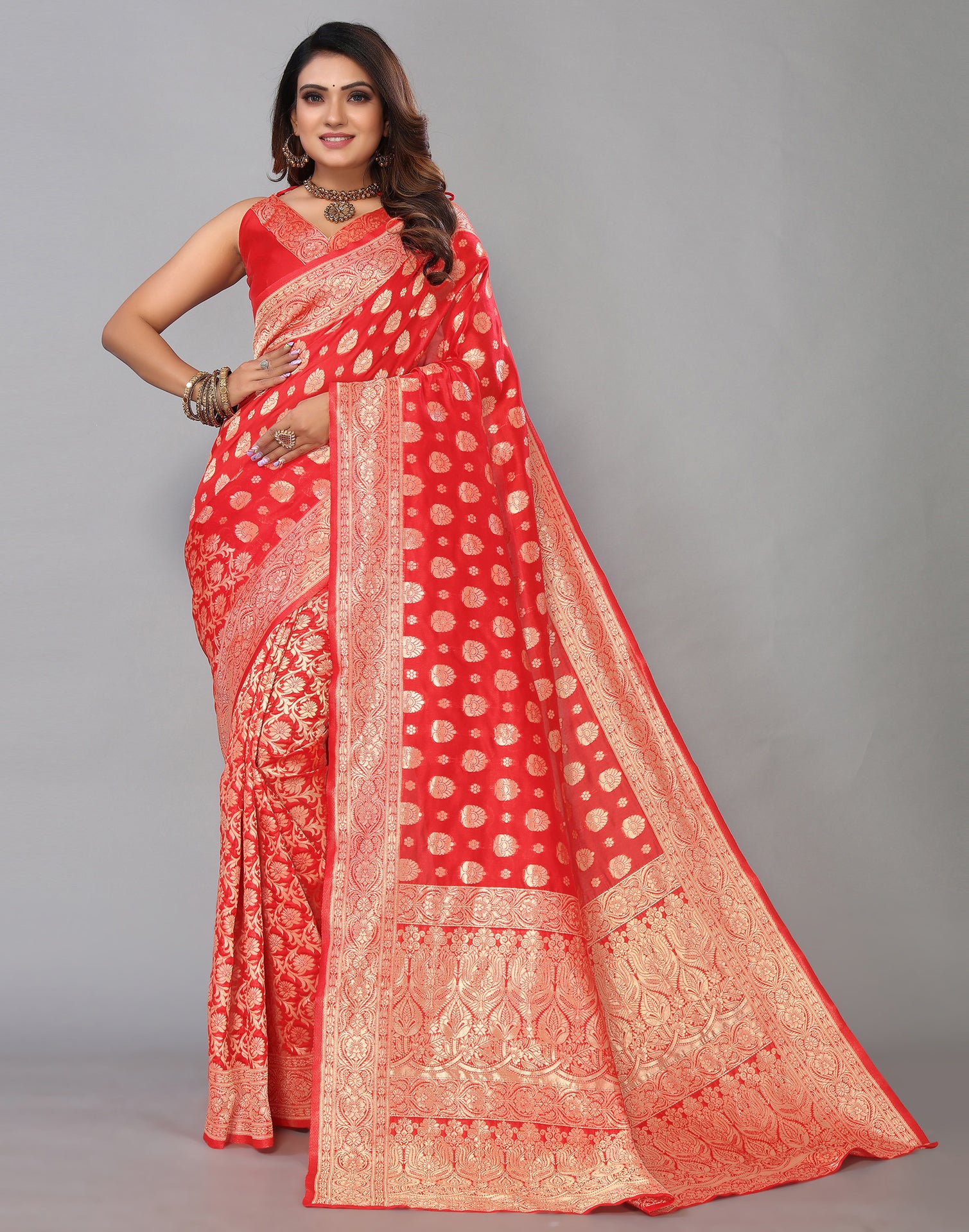 Navy Blue And Red Banarasi Saree