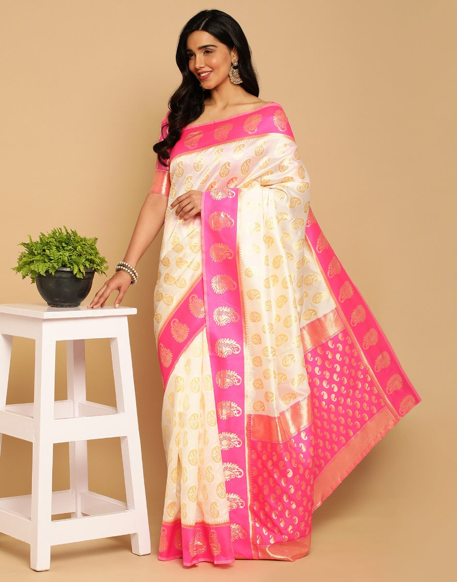 Cream Banarasi Silk Saree | Leemboodi