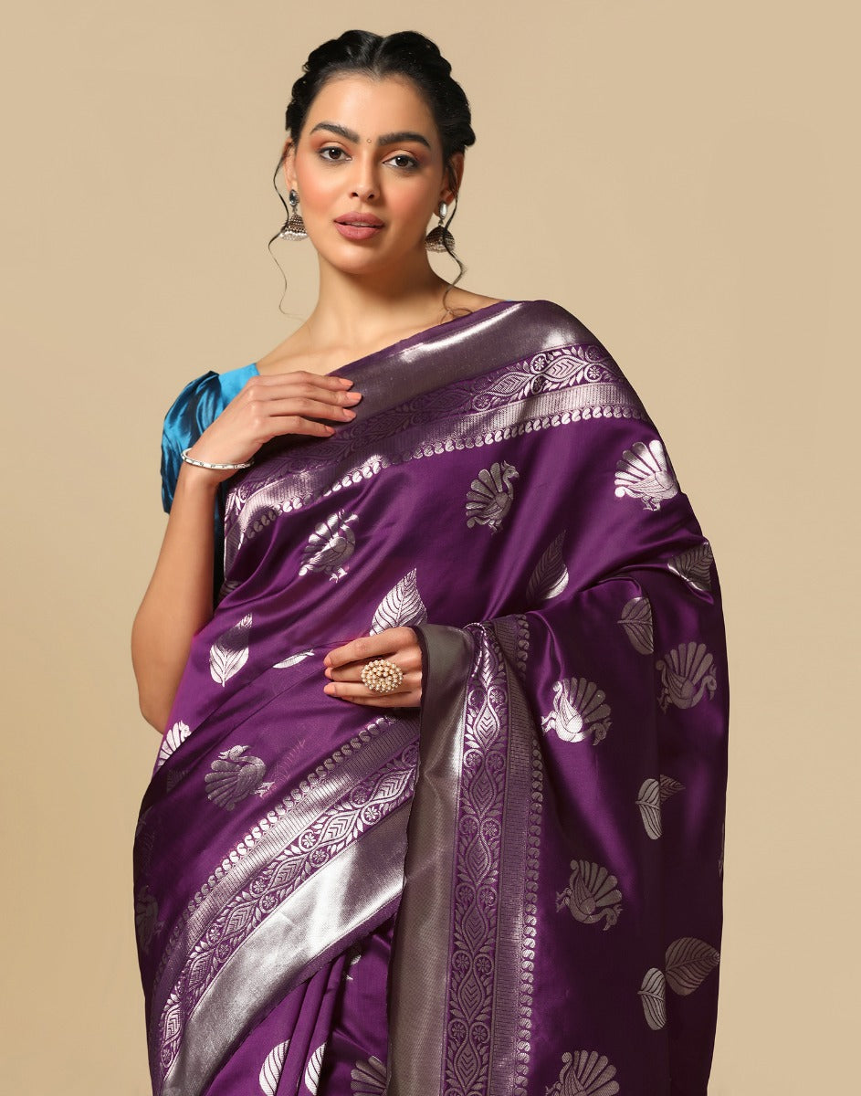 Dark Purple Banarasi silk woven saree - Banarasi silk saree - shop now