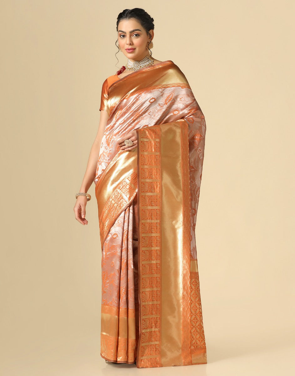 Rust Orange Banarasi Silk Saree | Leemboodi