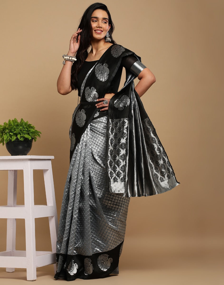 Buy Classy Silver Designer Silk Sari | Wedding Sarees