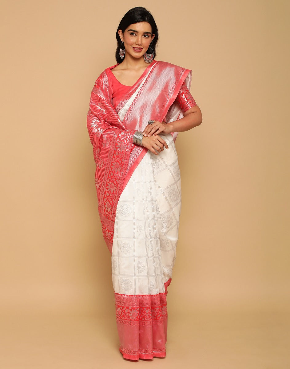 Divine White With Red and Gold Jari - Pure Silk Saree - Radhika Store