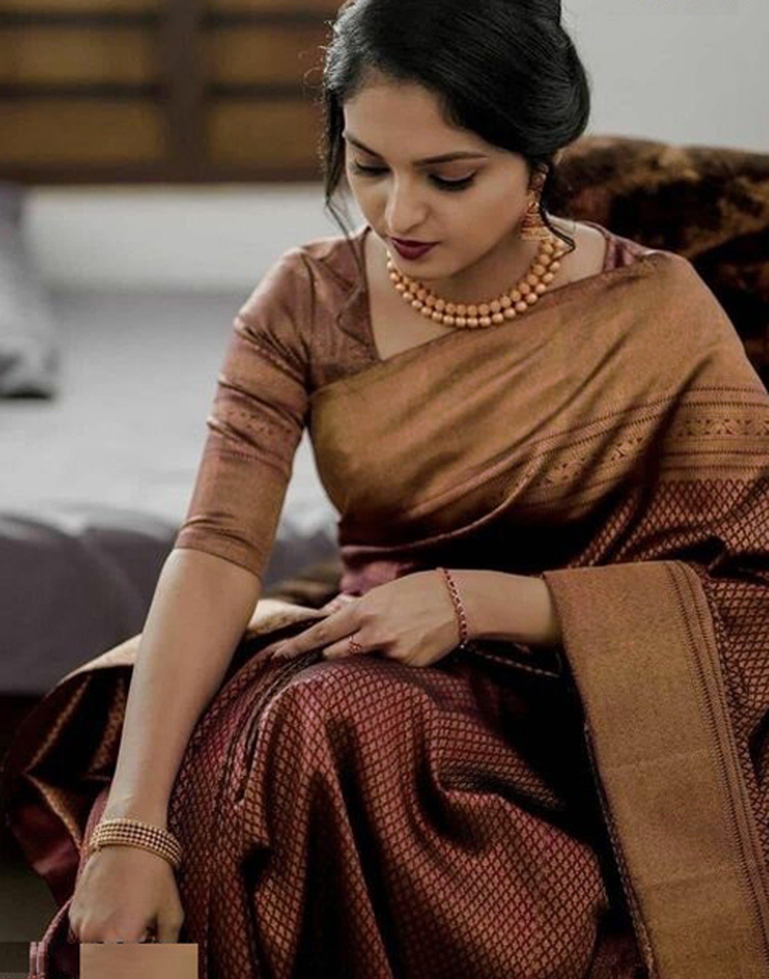 Maroon #Kanchipuram Silk Saree with Embossed on body and Zari border.  Includes Unstitched Blouse. Shop online http://www.nallisi… | Saree, Silk  sarees, Indian women