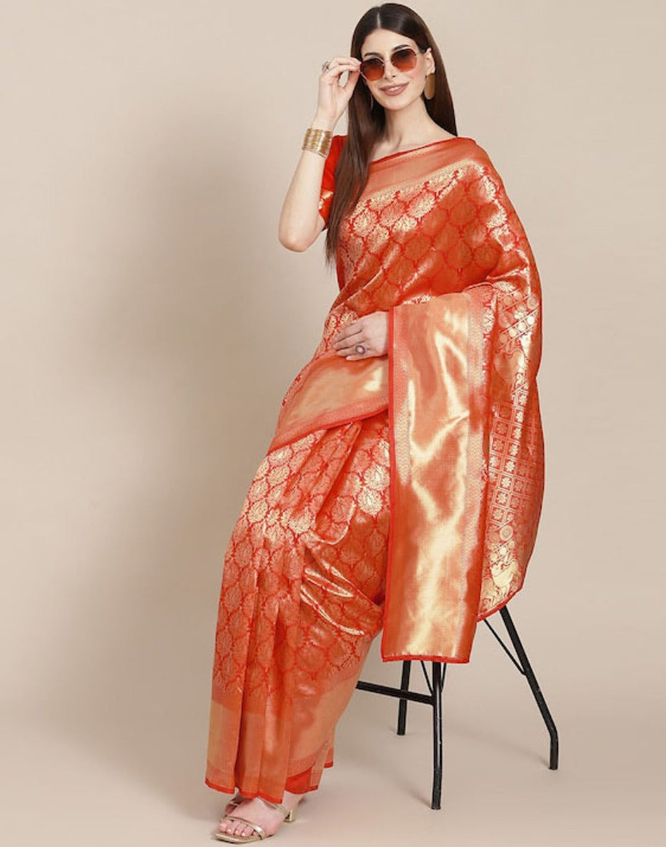 Red Kanjivaram Lichi Silk Saree with blouse – Ville Fashions
