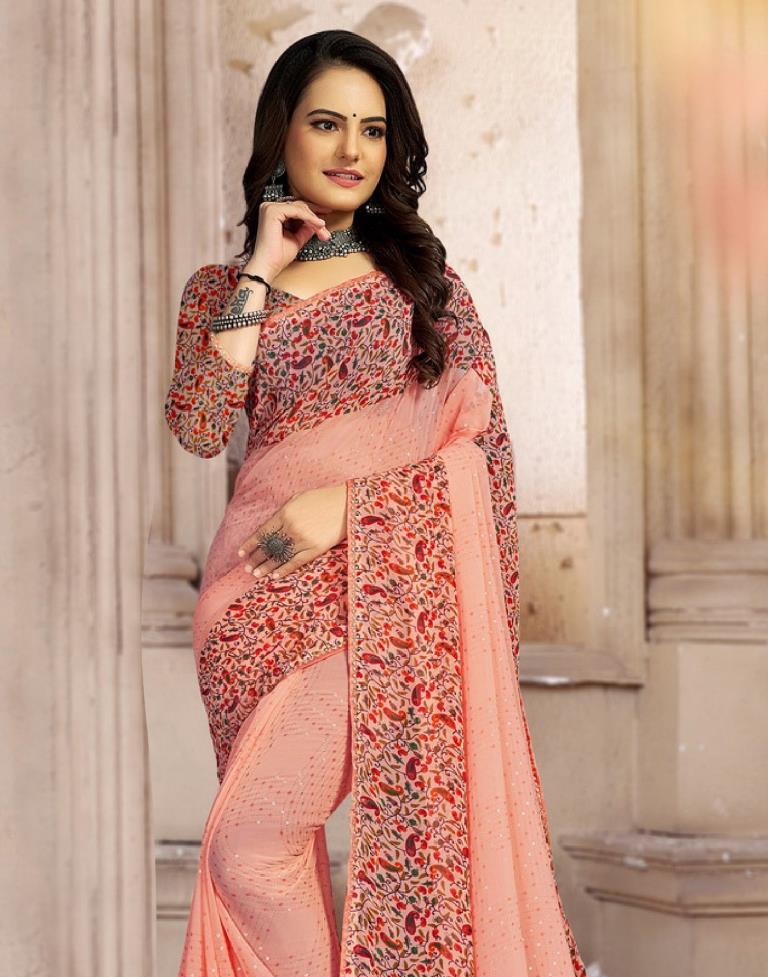 Embroidery & Mirror Work Saree Peach Georgette Designer Saree With Blouse  piece at Rs 1499 in Surat