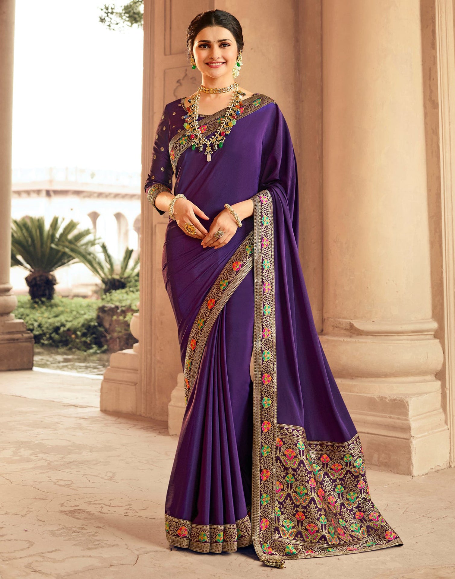 Glorious Soft Lichi Silk Golden Border Purple Color Saree | Amrutam Fab