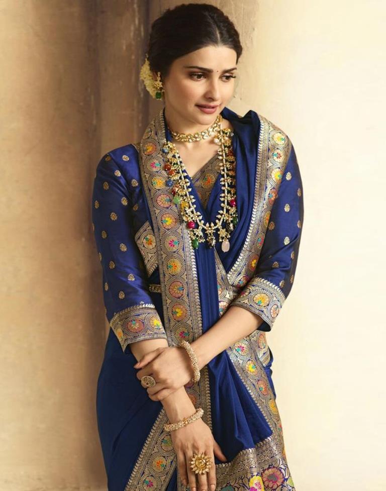 Navy Blue Banarasi Silk Jacquard Woven Saree with Blouse » BRITHIKA Luxury  Fashion