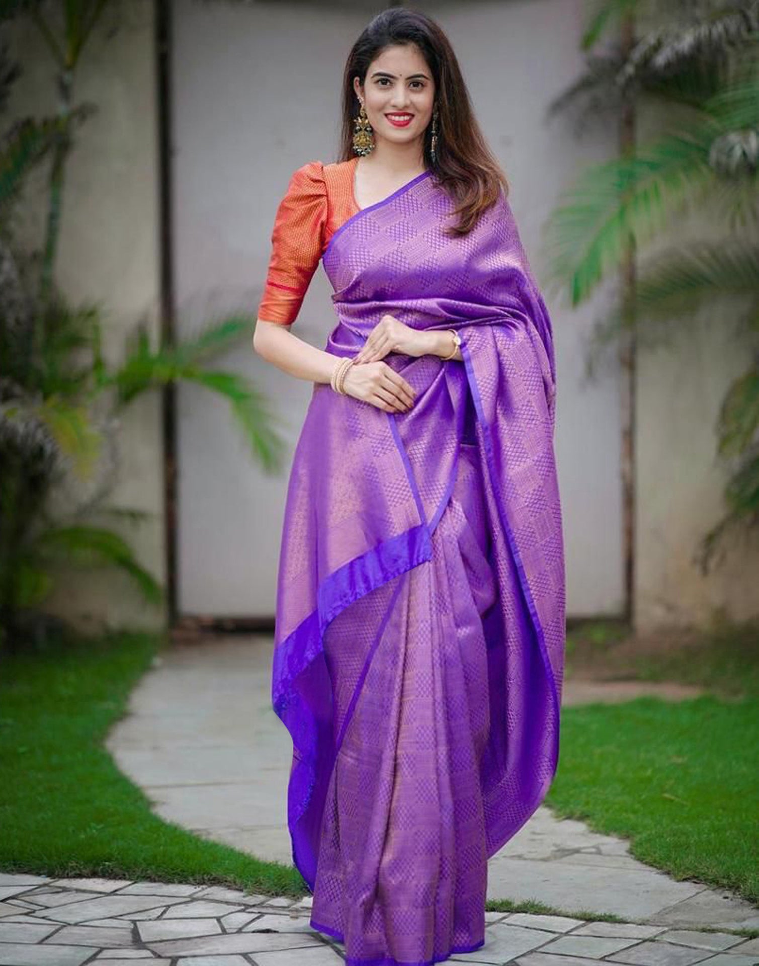 Checked Purple Kanjeevaram Silk Saree With Pink Border