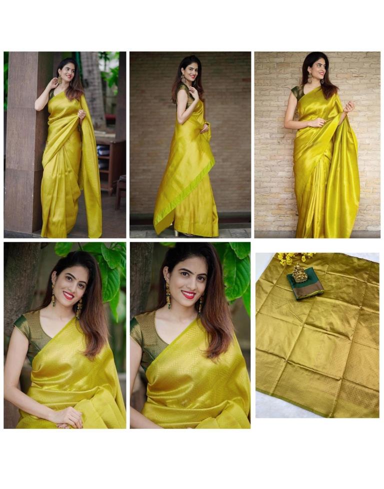 Banarasee Handwoven Semi Silk Saree With Contrast Border-Yellow & Pink