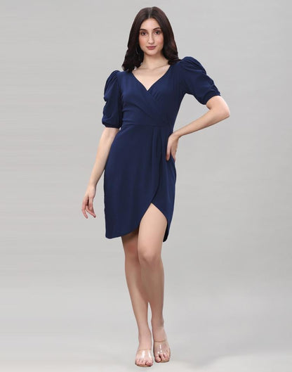 Navy Blue Puff Sleeve Bodycon Dress | Leemboodi