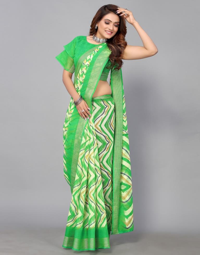 Buy Banarasi Silk Works Green Kanchi Silk Pink Pattu Border Saree with  Unstitched Blouse online