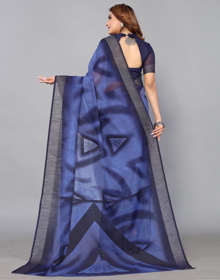 Color Blocked Cotton Saree in Navy Blue : SPN6450