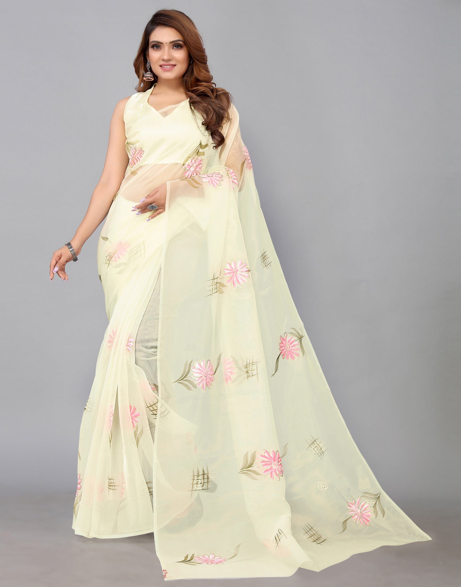 Buy online Pure Organza sareeÂ with zari chex embroidery work - Off White -AF1189