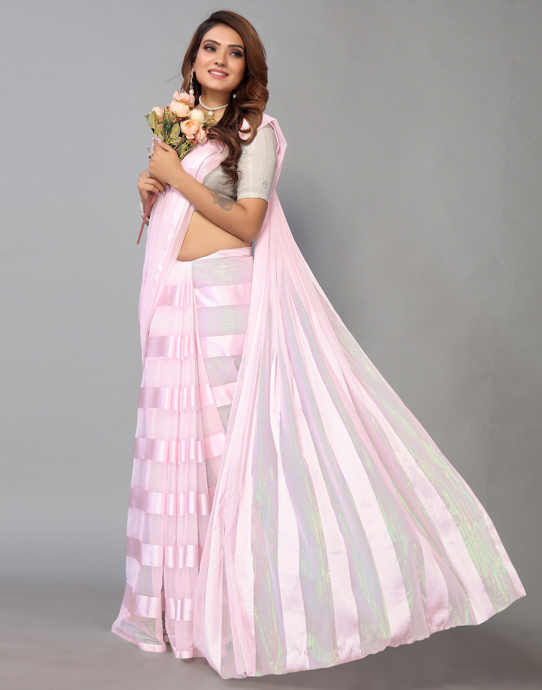 Light Pink Striped Woven Saree | Leemboodi