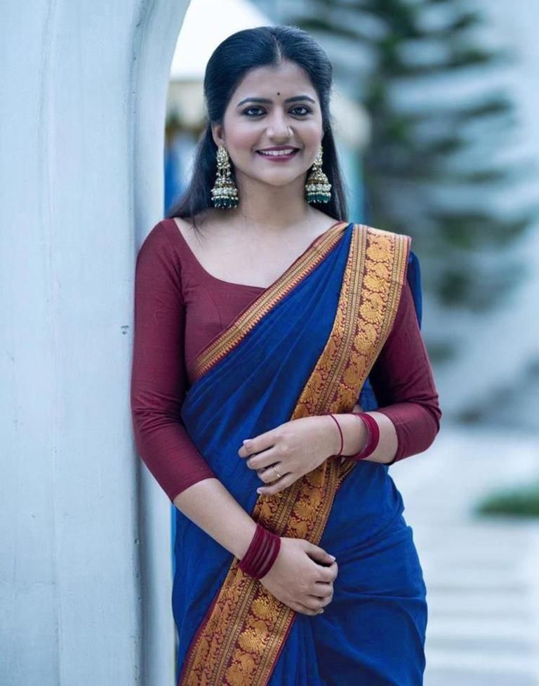 Royal Blue Satin Silk Saree With Handmade Tassels On Pallu – kreationbykj