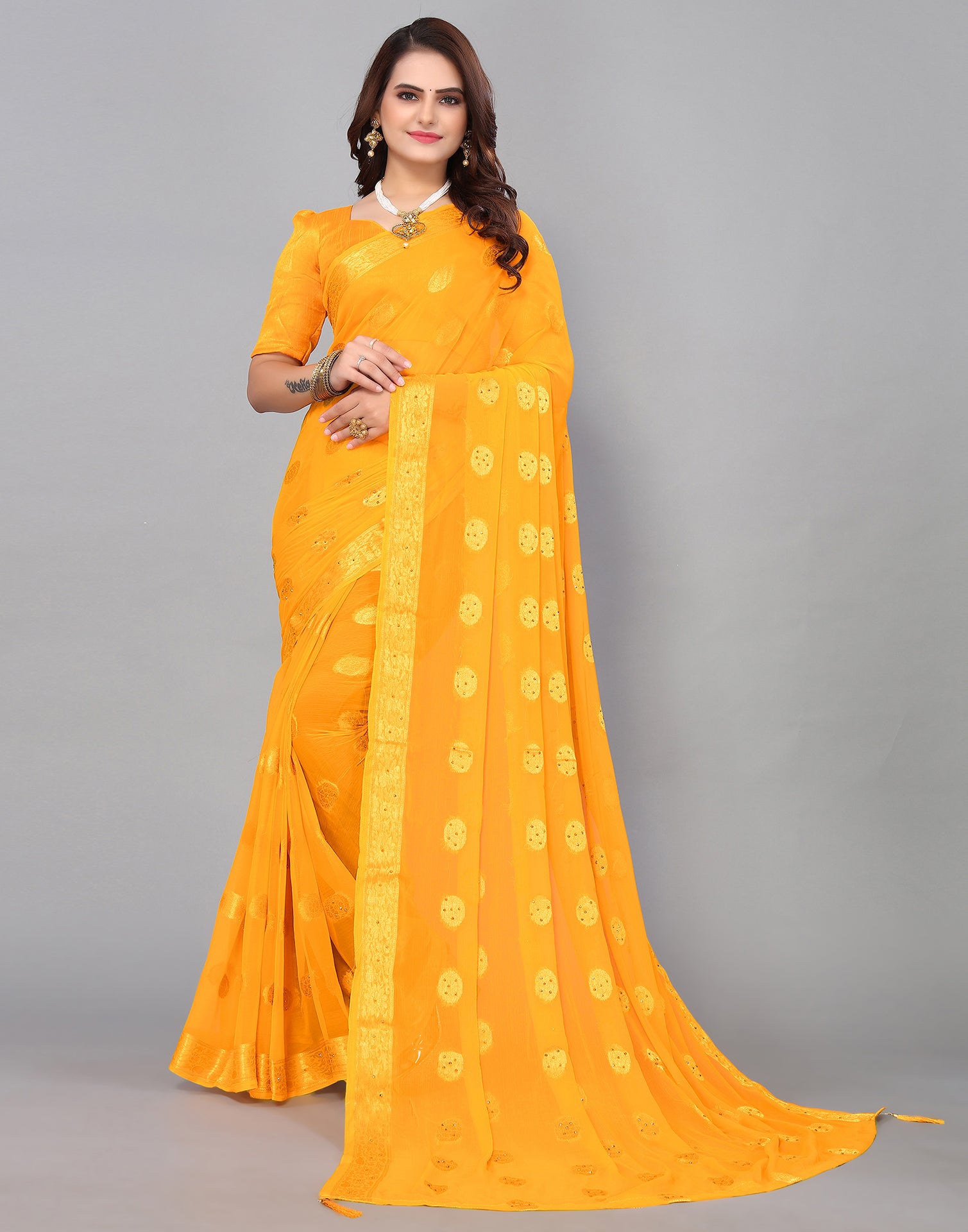 Yellow-Red Pure Chiffon Banarasi Silk Saree - Yatharth Banarasi Silk Saree  - 3306520