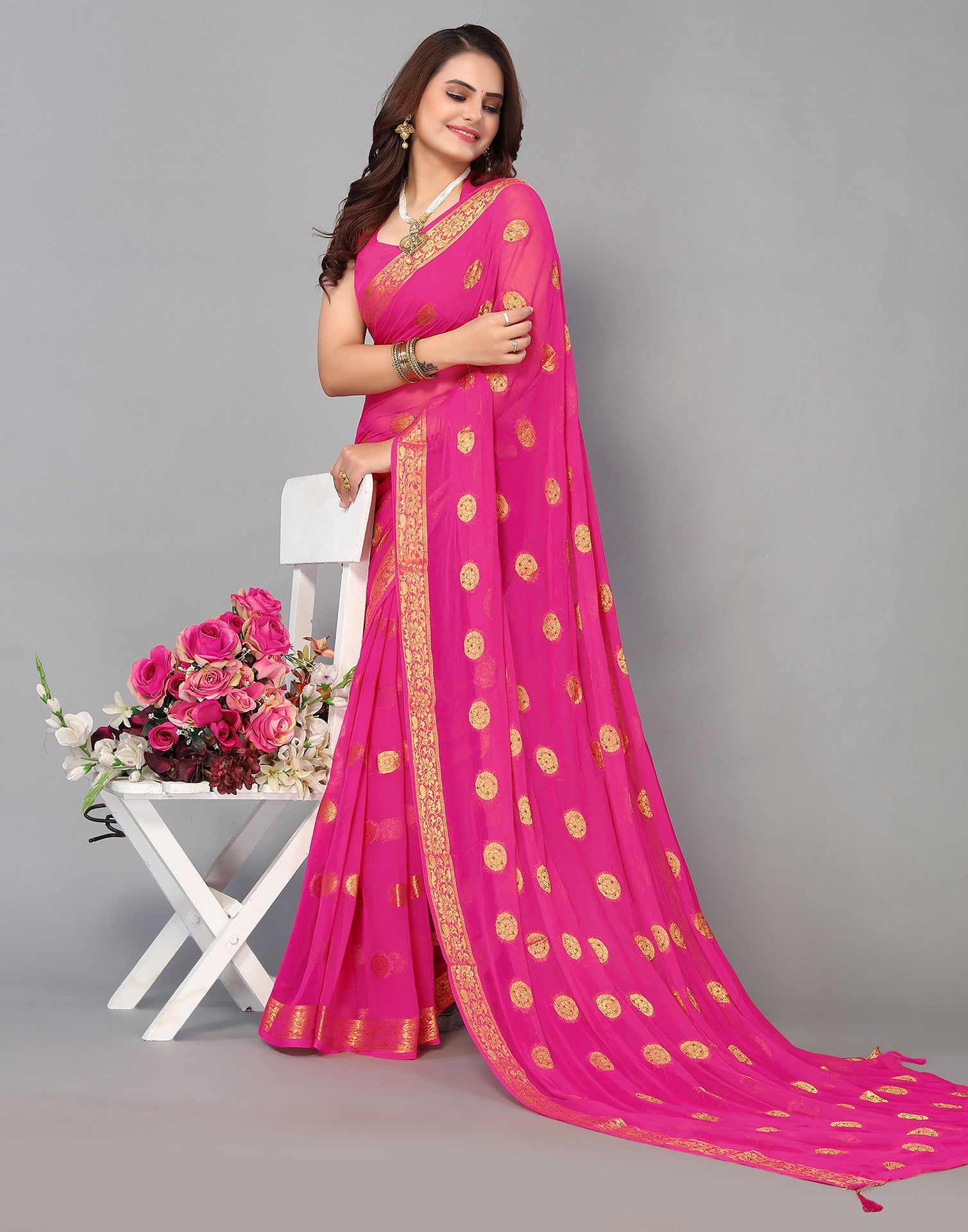 Pink Jaal Khaddi Georgette Handloom Banarasi Saree - Sacred Weaves