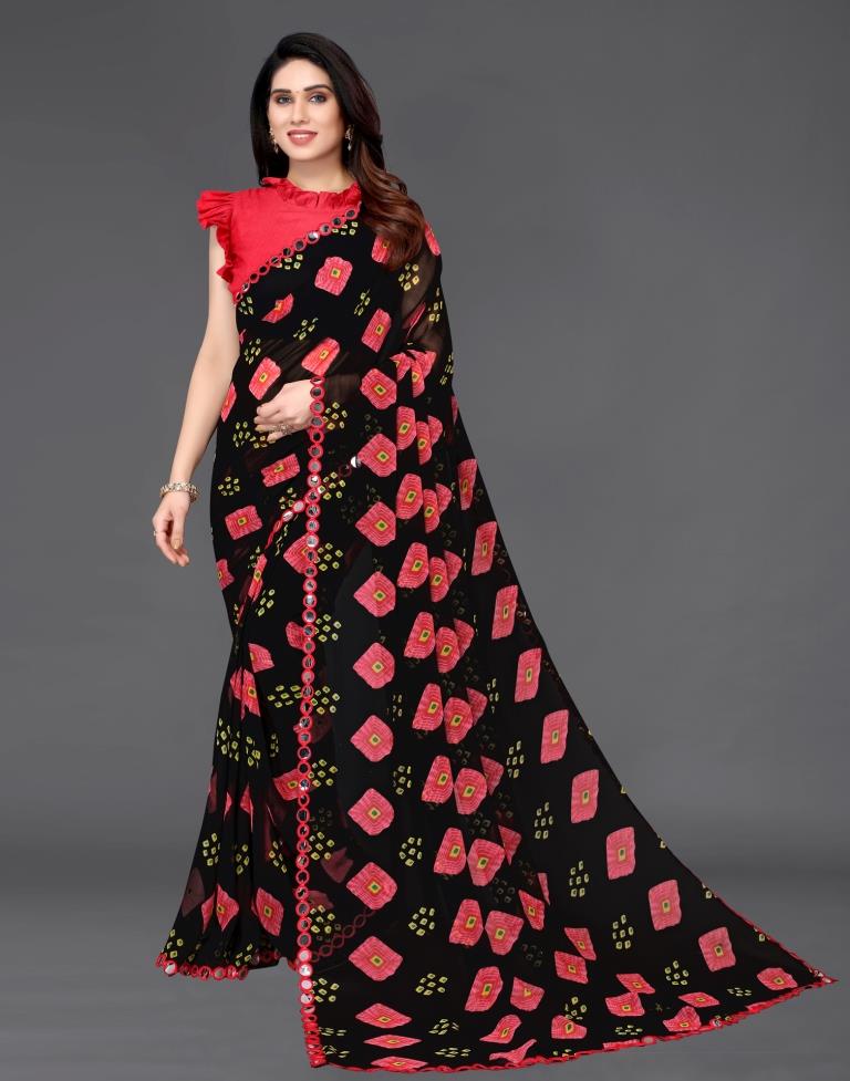 Buy Floral Printed Black Georgette Saree With Blouse Piece online-Karagiri