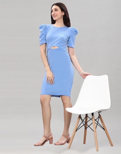 Light Blue Puff Sleeve Bodycon Dress | Leemboodi